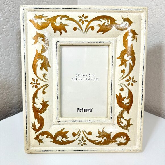 Pier 1 Imports Other - NWT VTG Pier 1 Wood Picture Frame Whitewash Cadre Blanchi Gold Stencil 3.5" x 5"